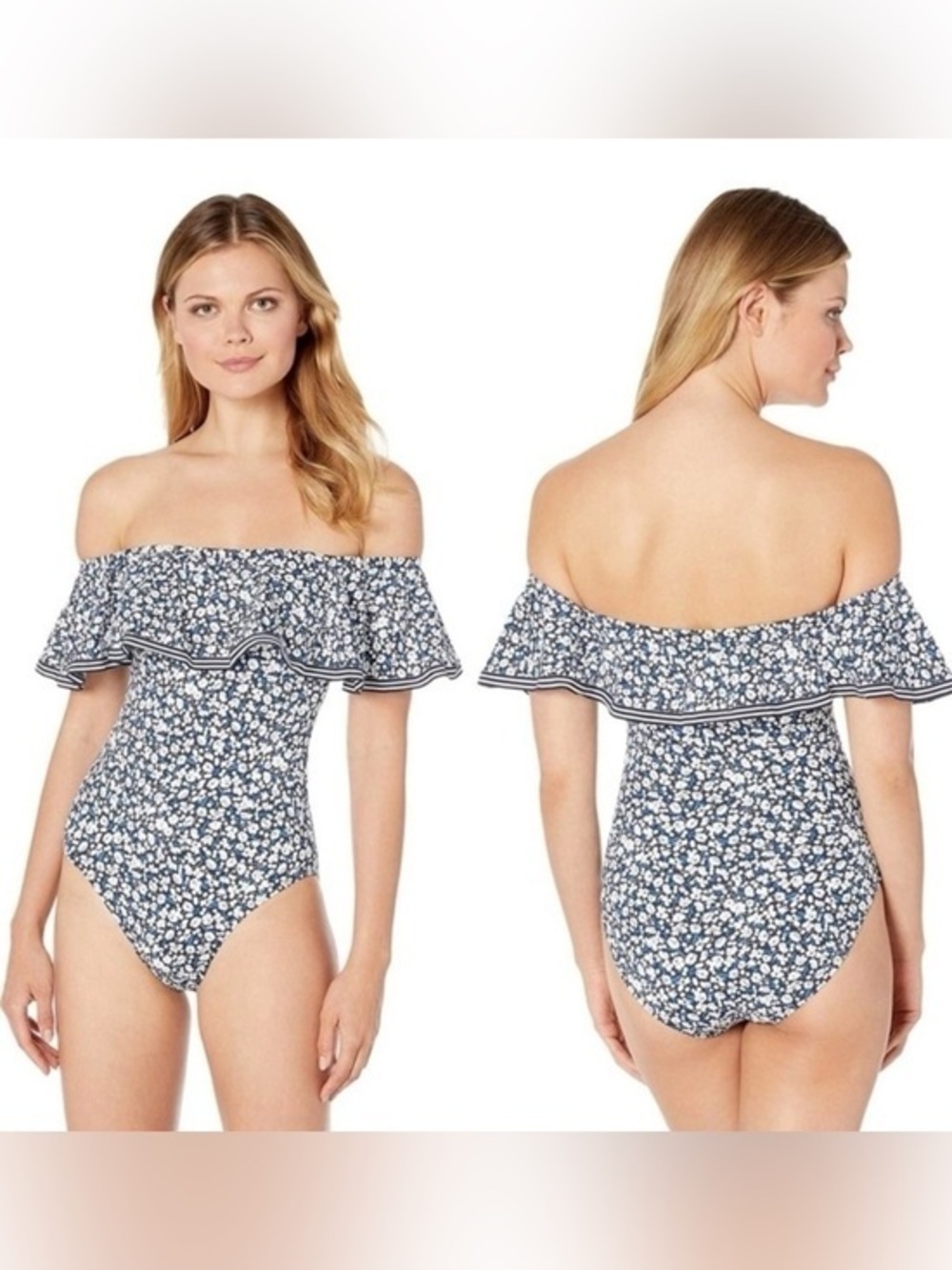 EUC Ralph Lauren Blue Floral Print Off the Shoulder Swimsuit Size 8